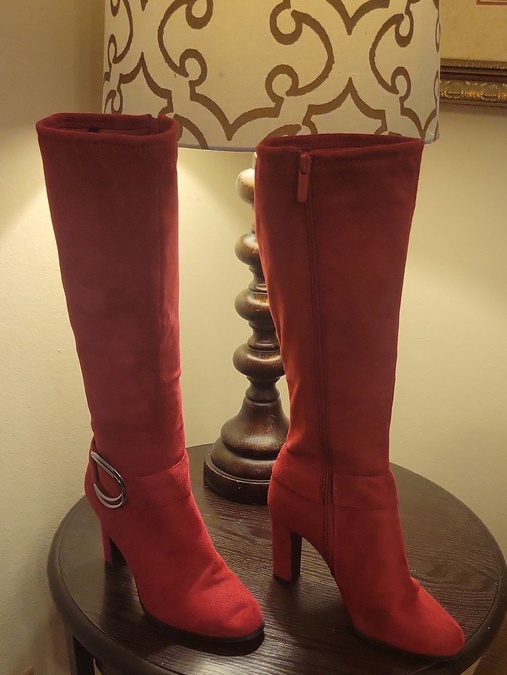 Impo Red Over-the-Knee Suede Boots with Buckle Detail